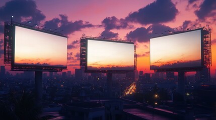 Obraz premium Sunset Cityscape with Three Blank Billboards
