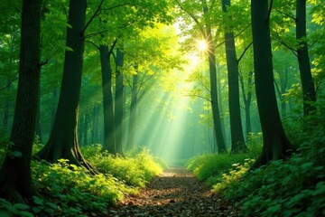 Fototapeta premium Dense forest canopy with sunlight filtering through, trees, nature