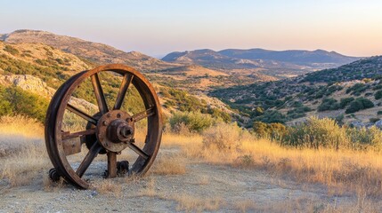 Fototapeta premium Industrial Ruins and Nature's Reclamation: The Story of an Abandoned Metal Wheel