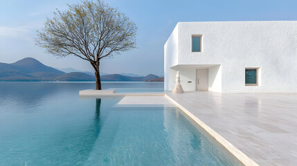 Fototapeta premium Modern white house, infinity pool, lake view, mountains background