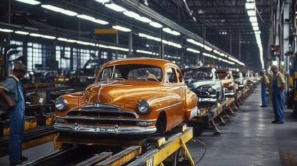 vintage automobile assembly line 
