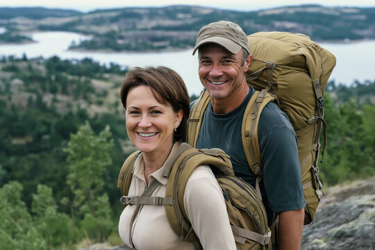 Middle-Age Caucasian couple hiking in wooded hills, active lifestyle concept