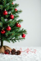 A Christmas tree base with red balls and pinecones scattered on the ground, fir, twig