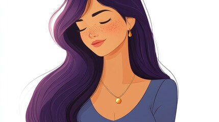 Naklejka premium Serene woman, purple hair, gold jewelry, white background, illustration, profile image