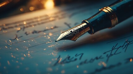 Writing with Elegant Fountain Pen on Parchment with Vintage Aesthetic