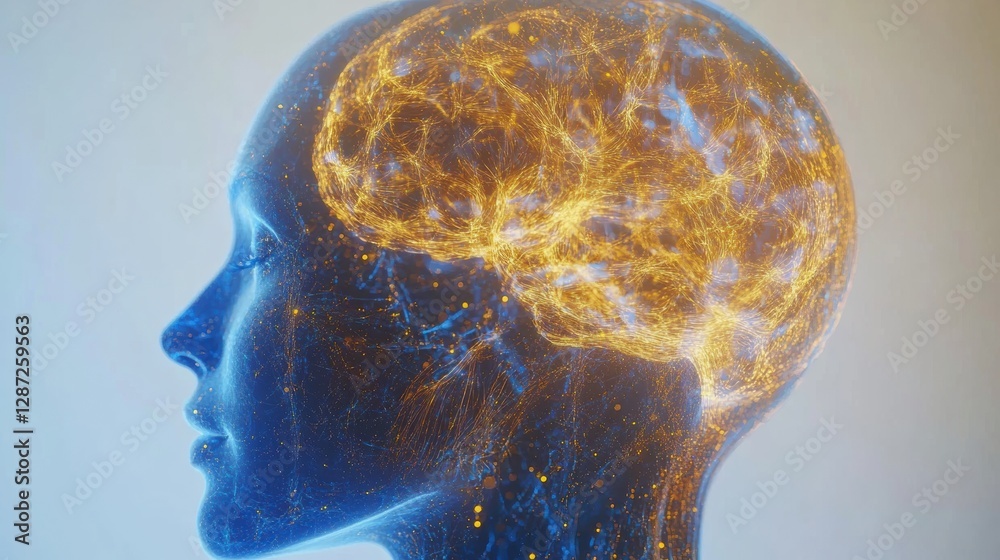 Poster Complex neural connections and glowing synapses represent artificial intelligence in a futuristic human profile. Generative AI