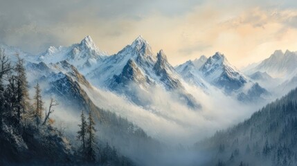 Obraz premium Misty Mountain Range Sunrise