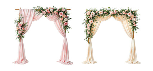 Elegant Floral Wedding Arches with Soft Draped Fabric and Lush Greenery, Perfect for Romantic Ceremony Settings, Isolated on Transparent and White Background