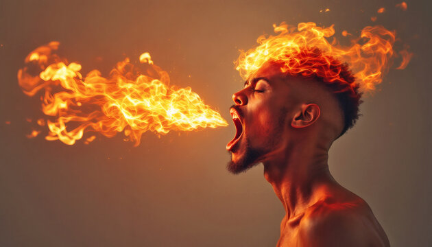 A striking stock photo capturing a figure spitting fire in a dramatic side view. The vibrant flames in orange, red, and yellow create a powerful visual impact, emphasizing strength and determination. 