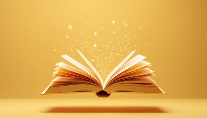 A stunning stock photo of a floating, flying, and flapping yellow open book against a warm pastel yellow background. The detailed pages flutter gracefully, symbolizing creativity and endless possibili