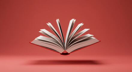 A captivating stock photo of a vibrant red open book floating and flapping against a pastel red background. The detailed pages flutter in an imaginary breeze, symbolizing freedom and creativity. The s