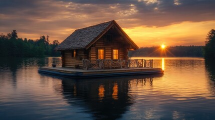 Fototapeta premium Sunset Lake Cabin: Golden Hour Lakeside Log Cabin