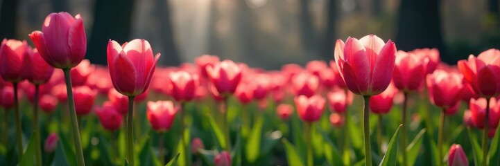 Fototapeta premium Campo de tulipanes rosa en un jard?n de invierno, tulipanes, negro, rosa