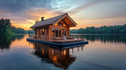 Fototapeta premium Sunset Lake Cabin: Wooden House on Calm Water