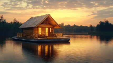 Fototapeta premium Sunset Lake House: Golden Hour Cabin on Water