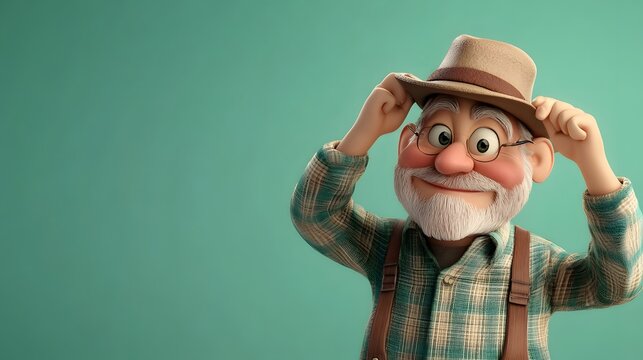 Cheerful 3d animation of wise old man adjusting his hat