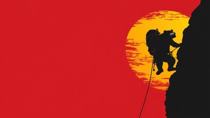 Naklejka premium Bear rock climbing sunset silhouette adventure poster