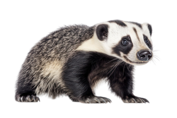 Badger portrait isolated on transparent background features black and white fur markings with expressive eyes, and a natural pose