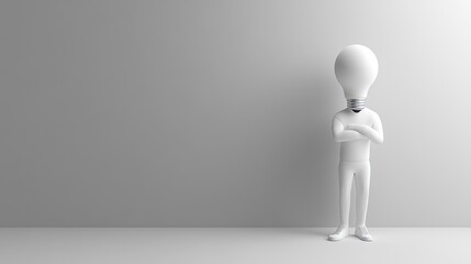 Confident idea person standing, white room, blank wall, innovation concept