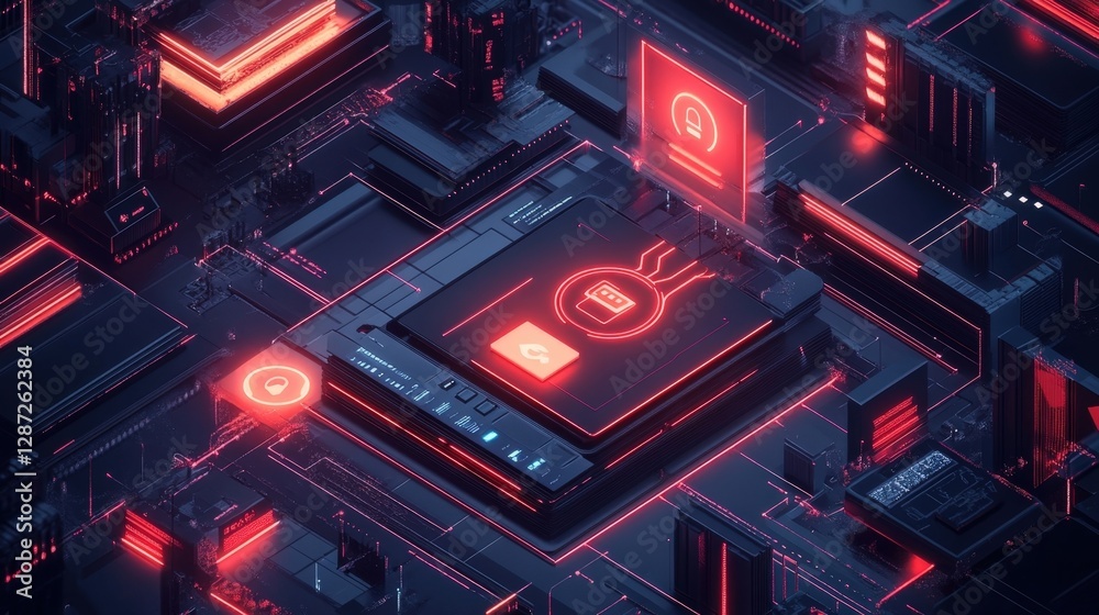 Poster complex network of circuits and glowing neon lights safeguarding sensitive data on a futuristic micr