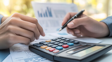 Close up of Hands Using Calculator and Reviewing Financial Documents and Charts