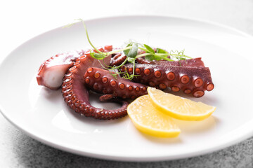 Appetizing octopus tentacles on grey table, closeup