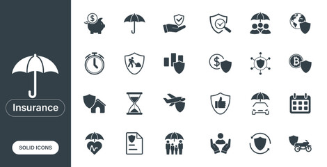 Fototapeta premium Vector icons representing insurance, financial protection, compensation, and health, designed as solid icons in a minimalist style.