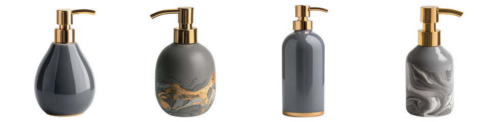 Obraz premium Set of a modern soap bottle with a golden pump, isolated on a transparent background.