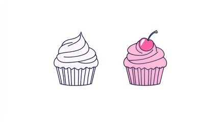 Two cupcakes, white and pink, on a white background