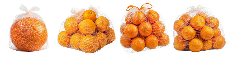 Set of a plastic mesh bag of oranges, isolated on a transparent background.