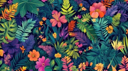 Fototapeta premium Vibrant tropical flowers and leaves