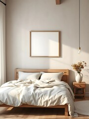 cozy japandi bedroom with empty frame mockup, wooden bed frame, neutral linen bedding, soft ambient lighting, minimalist wabi-sabi design, 3d render