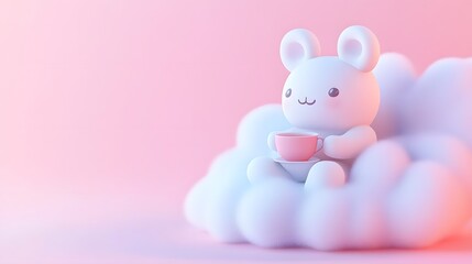 Cute cartoon character enjoying tea on fluffy cloud dreamy setting digital art whimsical atmosphere
