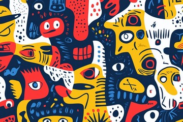abstract drawing with playful and whimsical faces, shapes and symbols of bright colors