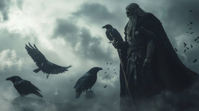 Nordic God Odin Wearing a Dark Cloak, Holding Gungnir, Accompanied by Ravens Huginn and Muninn in a Misty Valhalla