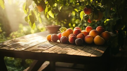 A Rustic Wooden Table Filled with Fresh Fruits Like Peaches, Nectarines, and Plums, with Delicate Sunlight Coming Through the Leaves Above