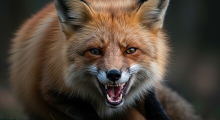 Fototapeta premium Snarling Red Fox Close-up Displaying Teeth Aggressively in Natural Habitat