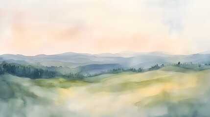 Soft watercolor painting of rolling hills nature scene tranquil environment serene viewpoint
