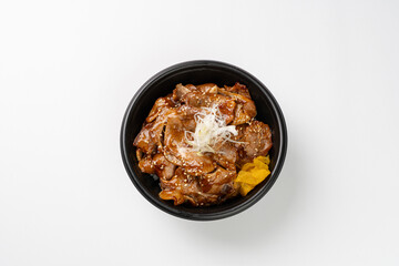 Authentic Japanese Butadon: A Donburi Bowl Filled with Fluffy Rice and Generous Portions of Tender Pork Belly Sautéed in a Rich, Sweet, and Savory Sauce, Garnished with Pickled Ginger and Green Onions