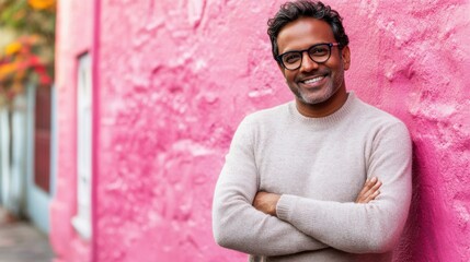 Obraz premium Smiling young man in casual beige t-shirt and glasses, quarter view,portrait with soft lighting
