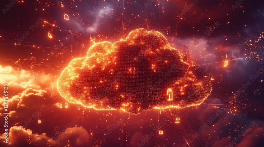 Poster orange cloud computing security concept with glowing padlocks hanging from a large cloud, representi