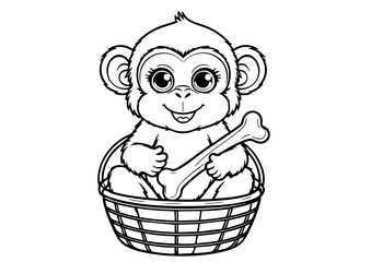 Cute Baby Monkey Holding a Bone in a Basket – Black and White Outline Drawing for Kids' Coloring Pages, Jungle-Themed Art, and Clipart
