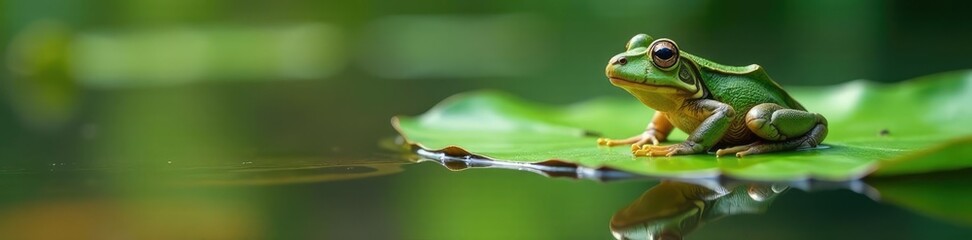 Obraz premium Bullfrog on a lily pad with water reflections, water, reflection, frogs