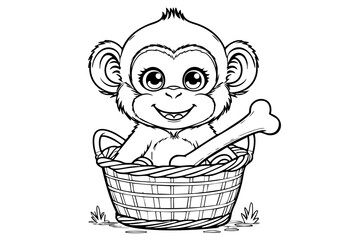 Adorable Baby Monkey in a Basket – Black and White Outline Drawing for Kids' Coloring Pages, Jungle Animals, and Printable Clipart