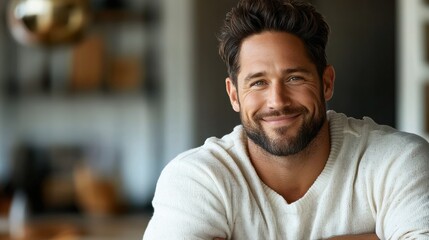 Fototapeta premium Smiling young man in casual beige t-shirt and glasses, quarter view,portrait with soft lighting