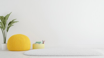 Empty child's room, modern interior, soft yellow beanbag, white carpet, study area, simple design