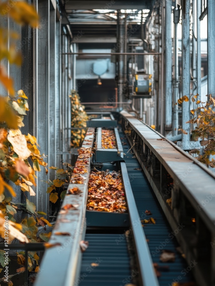 Aufkleber Recycling plant with conveyor belts sorting waste and colorful leaves in an industrial setting with ample space for text. Generative AI
