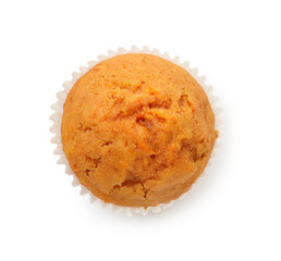 Tasty sweet carrot muffin isolated on white, top view