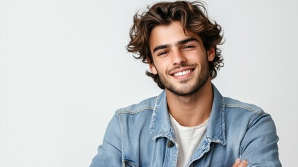 Naklejka premium Smiling young man in casual beige t-shirt and glasses, quarter view,portrait with soft lighting