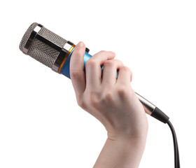 Singer with microphone on white background, closeup